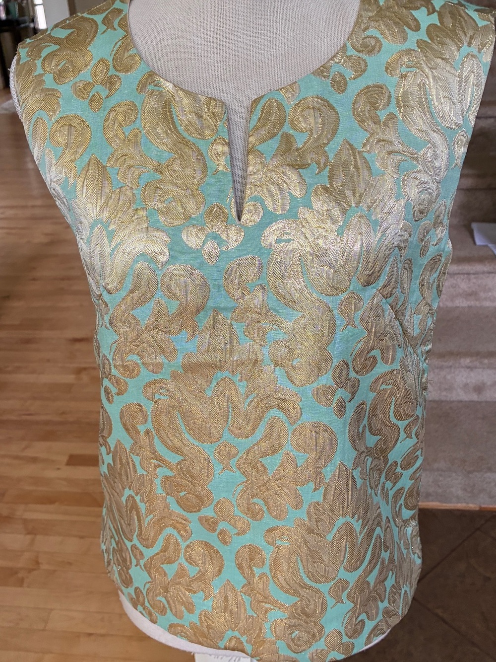 J. Crew Aqua and Gold Metallic Brocade Top